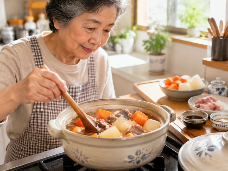 给家里老人做日式煮物要注意什么?萝卜炖肉的火候和调味如何把握?