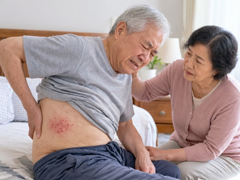 家里老人腰上长水疱疼得睡不着怎么办?带状疱疹要不要尽快住院?
